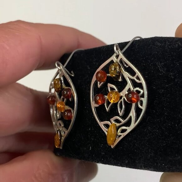 Sterling Silver 925 Amber Leaf Design Drop Dangle Earrings With 6 Amber Stones - Picture 5 of 9
